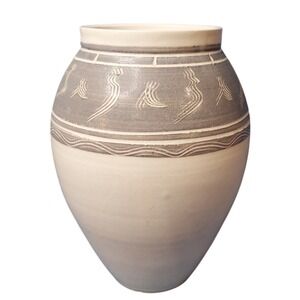 Handcrafted Ceramic Vase Gray White Swirl Etched Design Rustic Southwestern